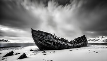 Monochrome Image Of A Wrecked Old Wooden Ship Hull Frozen In Ice In An Arctic Wasteland
