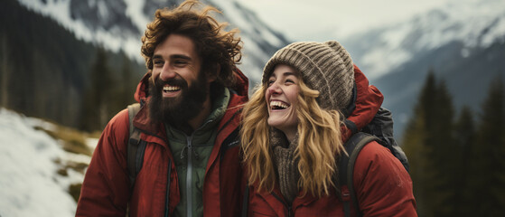 Canvas Print - group of friends hiking in winter