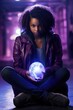 © ana - Purple fantasy magical urban background. lilac neon. pretty black teen girl. glowing ball. urban fantasy. Superhero, antihero, superpowers, hero, villain, rogue, fantasy action pose fiction costume.