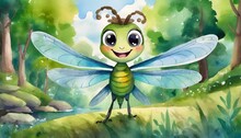 Cute Baby Dragonfly Illustration In Children's Book Style, Watercolor Effect