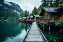Vibrant Lakeside Boathouses With Pier In Alpsee Vicinity. Generative AI