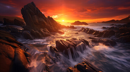 Wall Mural - a coastal landscape at sunset, with waves crashing against rocky cliffs, and the sky painted in shades of orange and purple, capturing the drama and beauty of the ocean meeting the land