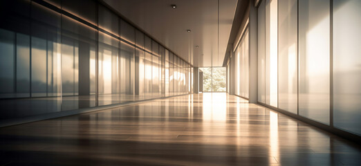 Poster - Empty corridor in a modern office building with sunlight shine background. High quality photo