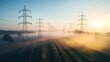 © lililia - a straight row of high voltage pylons in the midst of a vast rural landscape, highlighting the long-reaching power lines disappearing into the horizon.