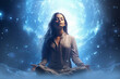 Young woman meditating in lotus pose, meditation and healthy relax, active lifestyle concept. Enjoying meditation while doing yoga, space and stars on background