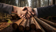 businessman handshake on a background of wooden logs in the forest