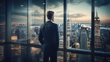 a businessman in a modern office, standing by a large window, looking out at the city skyline with reflections of the urban landscape on the glass.