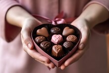 Hands Holding Different Chocolates In A Box . AI Generated