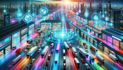 Colorful Future of Logistics: Bustling AI Logistics Hub