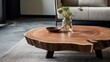 © JW Studio - Close up of live edge wooden coffee table on blurred sofa in modern living room background, luxury wooden furniture interior design, natural lifestyle concept.