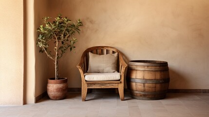 Cozy and rustic interior design with a wooden barrel table next to a rough wooden armchair with cotton cushions on old vintage stone wall, with copy space.