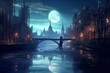 Flooded remains of nighttime city with river background. Empty futuristic metropolis illuminated by moonlight. Water-filled ruins of buildings. Generative AI