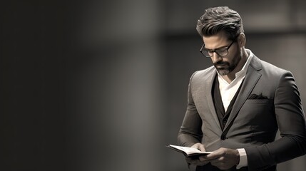 Close-up portrait of a man holding an open book and reading it. The concept of self-development and learning. Relaxing at a favorite activity. Illustration for cover, card, postcard, interior design.