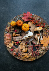 Poster - wiccan altar with wheel of the year close up on dark abstract background. crystals, bird skull, pentacle and magic things. witchcraft, esoteric ritual for samhain sabbat. autumn season. top view