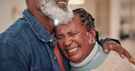 Wall Mural - Happy, hug and a senior couple talking with love, relax and a joke together. Smile, elderly and an African man and woman with care, marriage communication and laughing about a funny story in a house