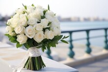 Wedding Bouquet With Roses On The Bollard In Yacht