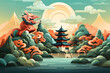 Traditional chinese dragon with temple, mountains and trees artwork, ai generated art