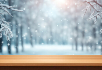 Wall Mural - Winter xmas background with empty space on table top in front. Christmas horizontal blank scene. Wooden table top in front, blurred frost landscape with snowflakes. Snowy scene generated by AI