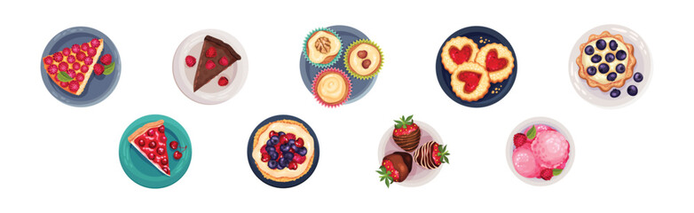 Sticker - Sweet Desserts with Cake, Tartlet, Ice Cream and Cookie Above View Vector Set