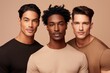 Studio portrait of a multicultural mens fashion models group. Multi-ethnic guys with different skin type look at camera. Asian, caucasian and african american male models. Models, generated by AI