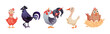 Farm Poultry Birds and Feathered Winged Animal Vector Set