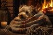 adorable canine cozy by the fireplace on a soft blanket. Generative AI