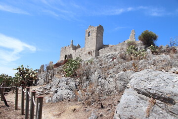 A glimpse of the ruins of the mausoleum of Tredoliche. landscape from the uins of Cirella, an abandoned village for a century in the Calabria region in Italy