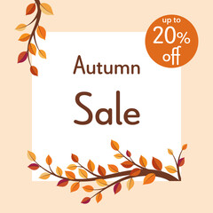 Sticker - Autumn Sale up to 20% off - Schriftzug in englischer Sprache - Herbstschlussverkauf bis zu 20% Rabatt. Verkaufsplakat mit herbstlichen Zweigen.