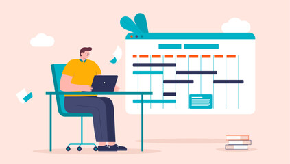 Poster - Work week tasks - Busy person in office working on laptop at desk planning and managing calendar with various chores and deadlines. Flat design vector illustration