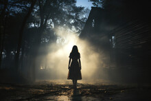 A Terrifying Scene Of A Little Girl In Front Of A Strong Light At Night In The Middle Of The Fog
