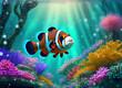 Snowy scene with clownfish in saltwater aquarium tank and snowfall forest in background (AI Generated)