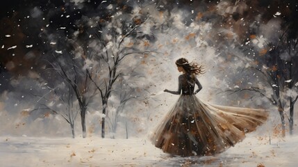 Canvas Print -  a painting of a woman in a dress in the snow.  generative ai