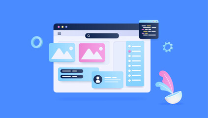 Fototapete - Web design and development - Browser window with abstract page or application on screen. Semi flat 3d vector design in flat front view