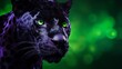 A stunning black panther with captivating green eyes in a deep forest setting.