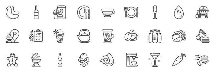 Icons pack as Cocktail, Ice cream and Restaurant food line icons for app include Champagne glass, Recycle water, Food app outline thin icon web set. Burger, Coffee cup, Carrot pictogram. Vector