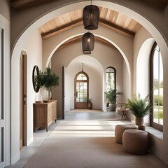 Wall Mural - Mediterranean style hallway with arched door. Interior design of modern rustic entrance hall in farmhouse.