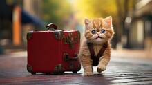  A Small Kitten Walking Next To A Red Suitcase On A Street.  Generative Ai