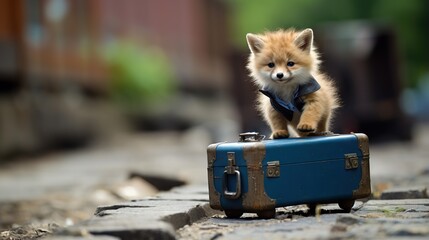 Poster -  a small fox cub sitting on top of a blue suitcase.  generative ai