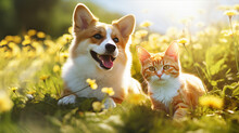 Dog And Cat Together, Pets, Spring Or Summer Nature