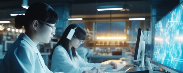 Fototapete - Female data scientist working with supercomputer server in a modern office of a technology company, Data Protection Network for Cyber Security.