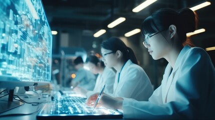 Poster - Female data scientist working with supercomputer server in a modern office of a technology company, Data Protection Network for Cyber Security.