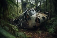 A Tragic Accident Where A Helicopter Crashes In A Secluded Rainforest. Generative AI