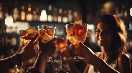 Wall Mural - Group of Friends toasting with cocktails in bar.