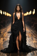 Canvas Print - Model in black evening gown walks the catwalk for Halloween.