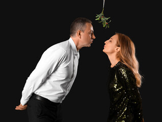 Poster - Mature couple kissing under mistletoe branch on dark background