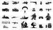 © Menuka - War icon pictogram set, Battleground silhouette designs collection, Military equipment, weapons, and vehicles. Editable vector illustrations in black and white.