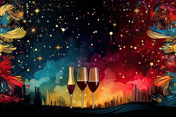 Poster - The festive aesthetic embraces a rainbow of sparkling details, brightness, fireworks and champagne. Invitations or greeting card.