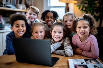 Smiling children of different nationalities sitting around a laptop, engaged in group learning. Collective education, kids' club session