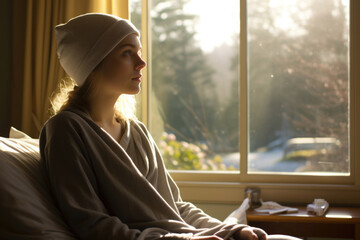 Wall Mural - Beside the radiant sunlight, an unwell young lady rests on the bed, gazing at the vibrant greenery