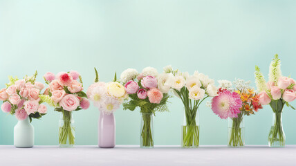 Displaying an array of fresh flowers in bouquets and single stems, sprinkled with dew, set against a pastel background